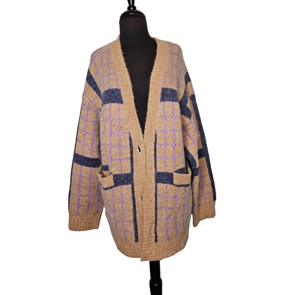 Daydreamer Sweaters - DAYDREAMER Plaid Oversized Cardigan Oversized Chunky Knit Brown Purple Academia
